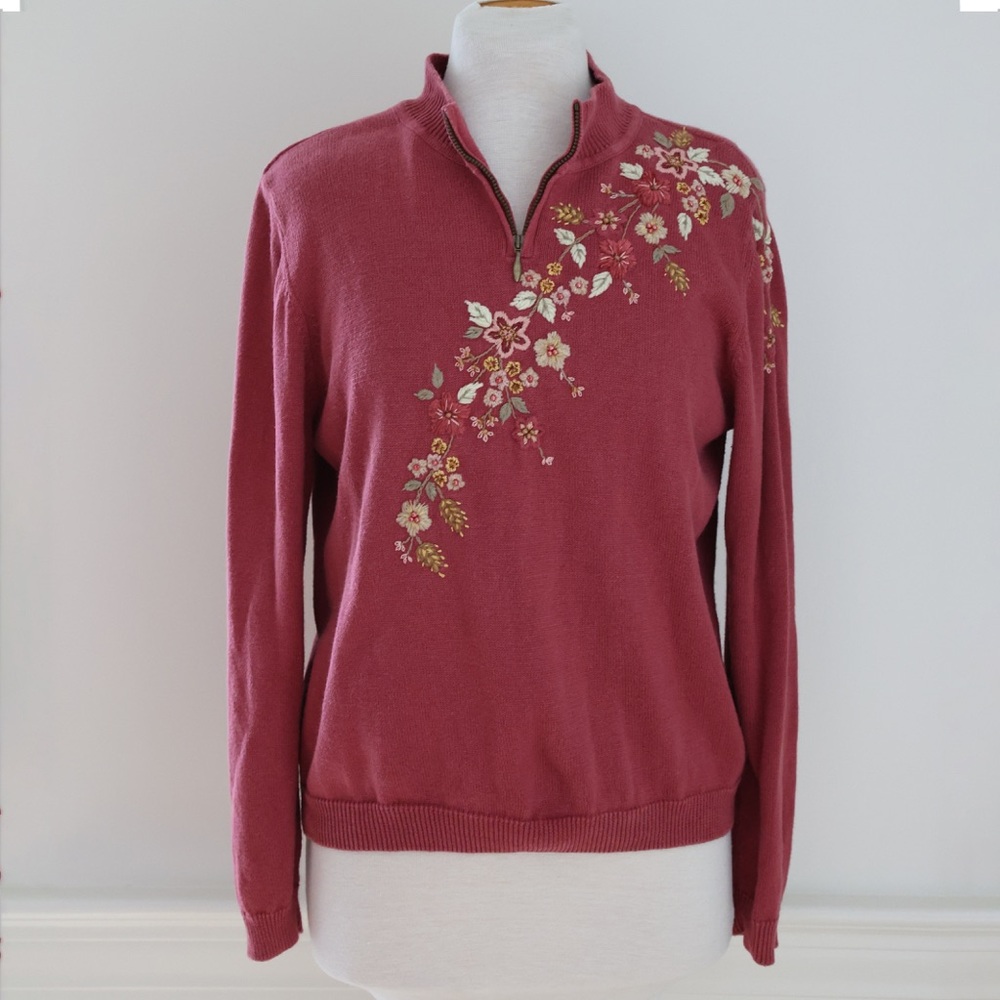 Alfred Dunner Quarter Zip Embroidered Beaded Floral Pullover Size Petite Large